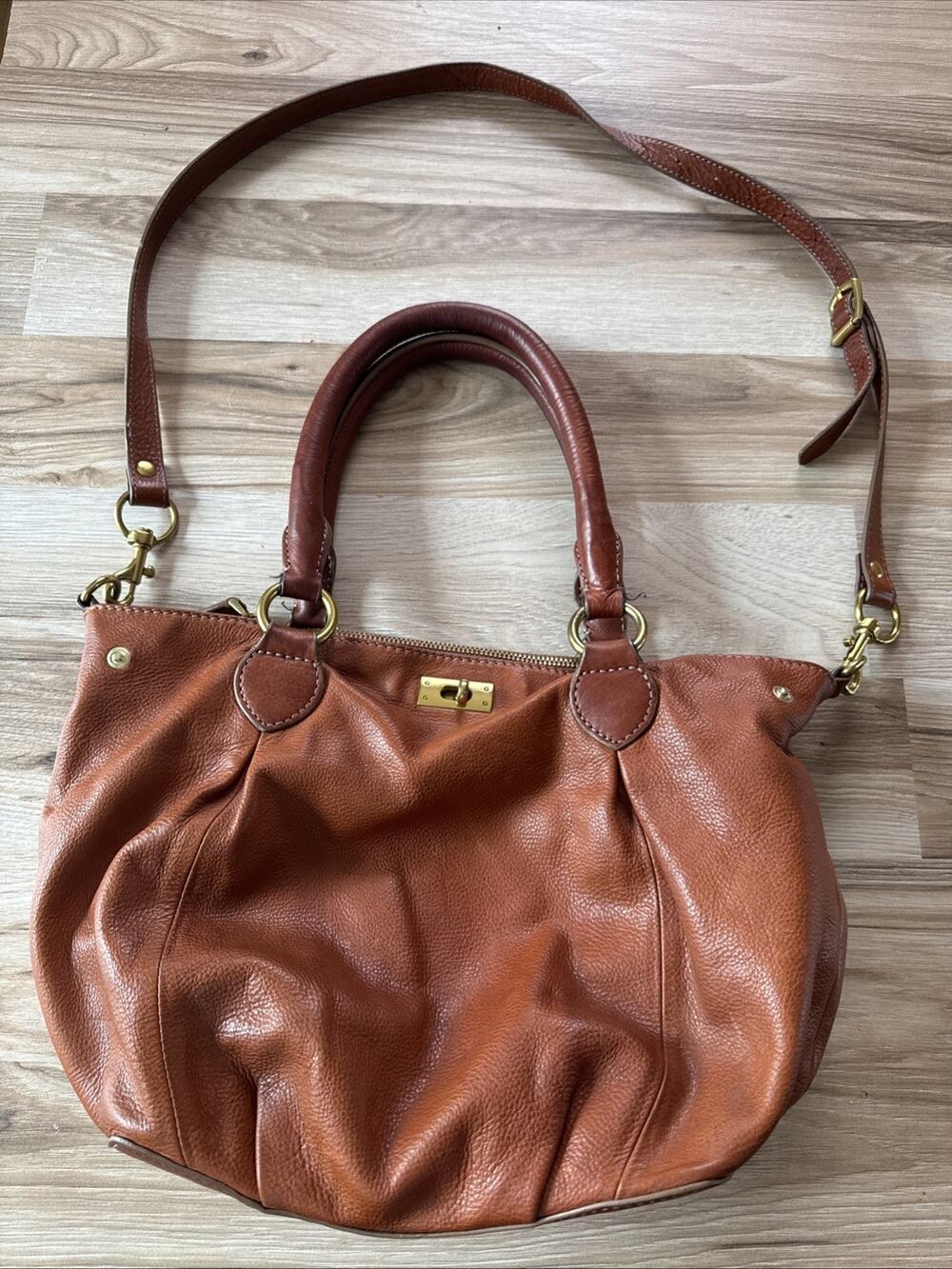J Crew Brompton Leather Satchel Brown Pebbled Turn Lock Bag Classic